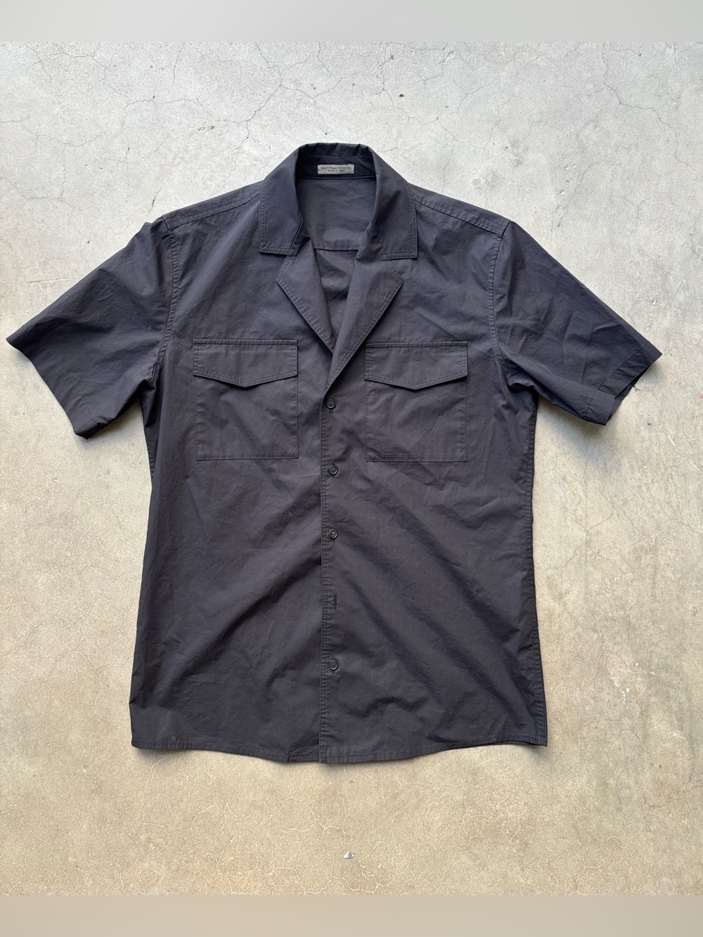 Bottega Veneta Men’s Short Sleeve Military Camp Collar Field Shirt Black 48 M